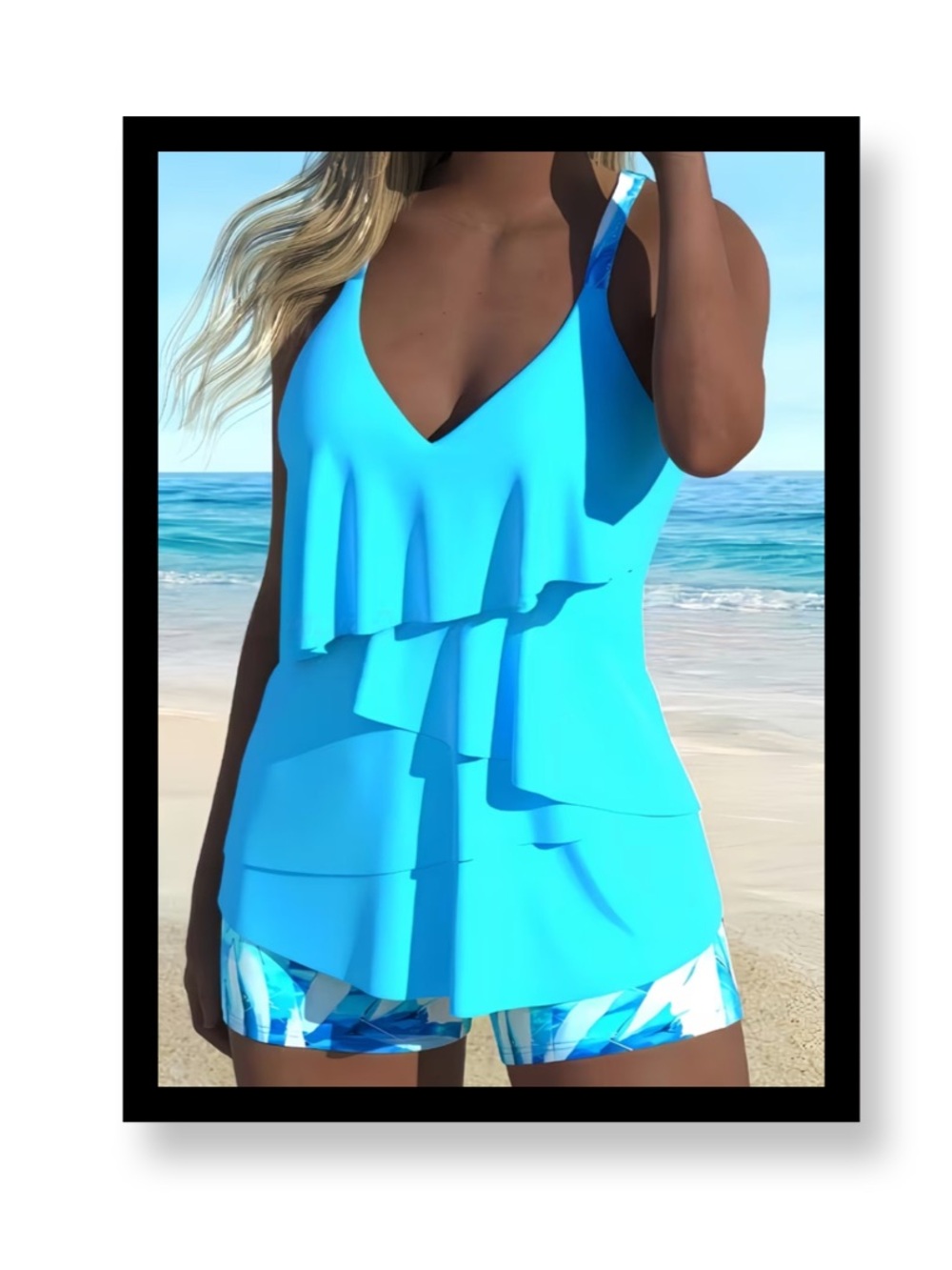 🆕 Women’s Plus Size Aqua Layered Tankini Swim Top and Print Short Set